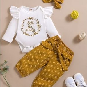 3 piece baby girl mustard gold polka dot outfit